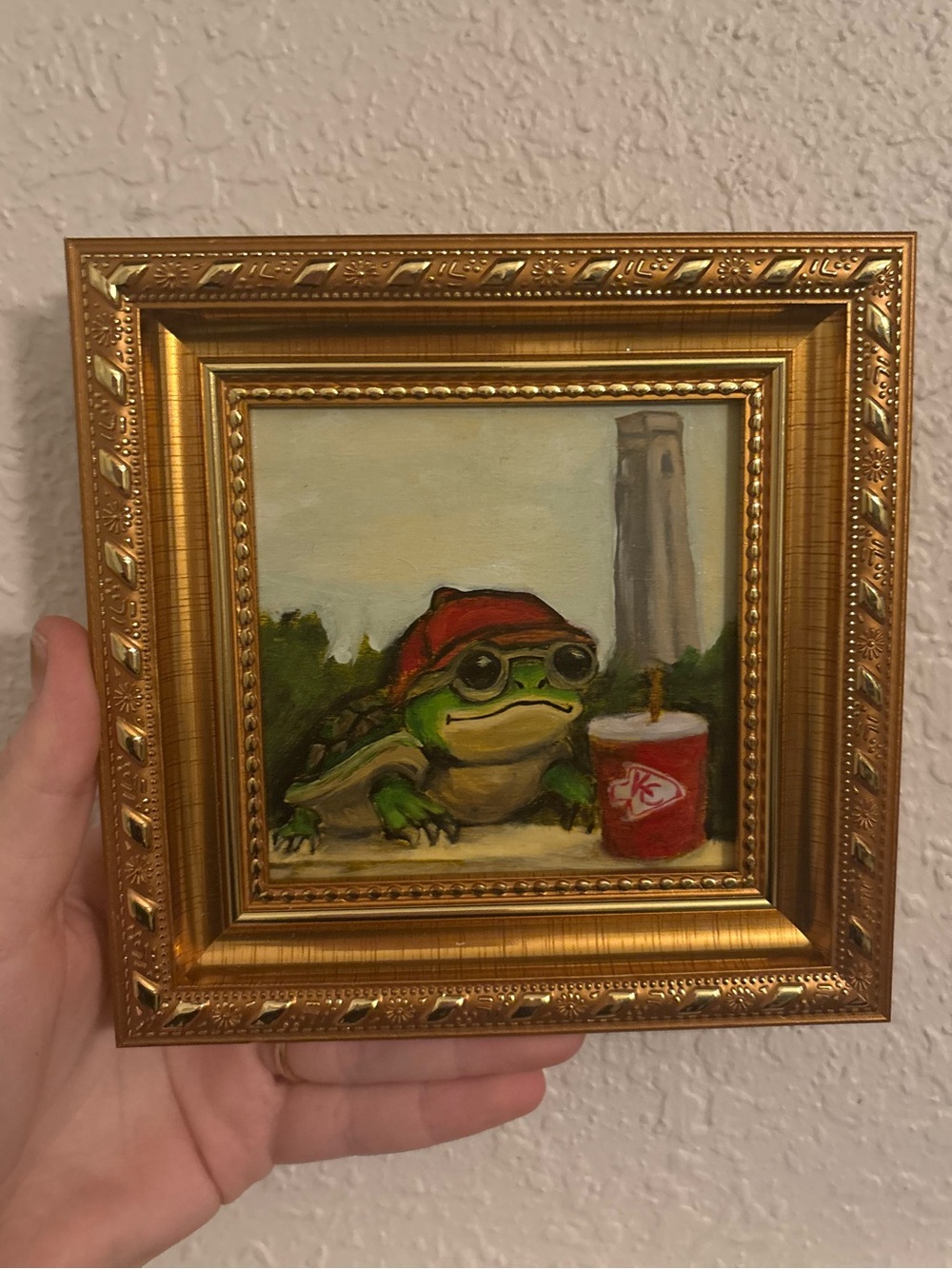 "Cool KC Turtle” Original oil painting on wood board mini framed 4x4"